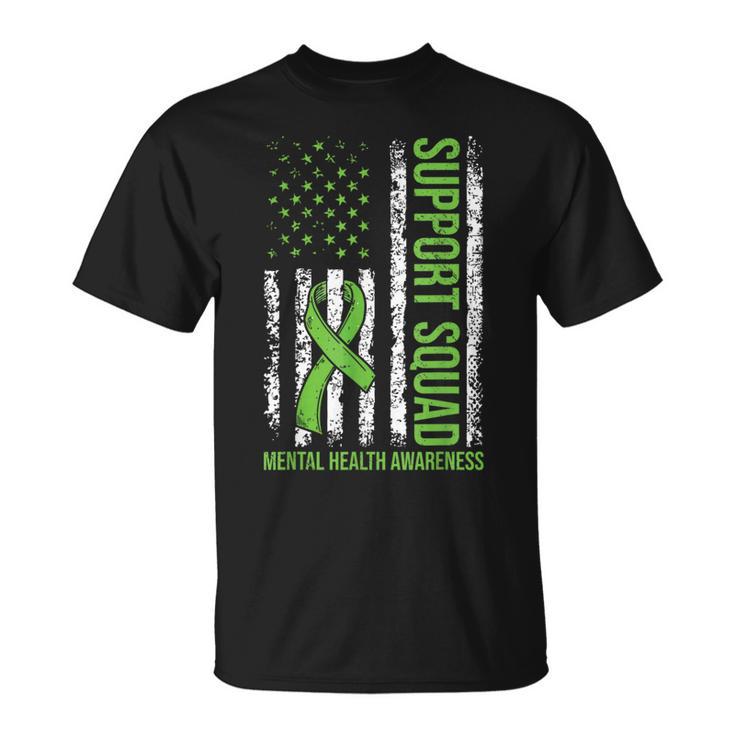 Support Mental Health Squad Awareness Us Flag Green Ribbon T-Shirt