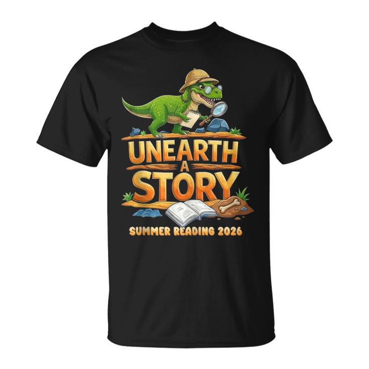 Unearth a Story Dinosaur Reading Books Summer 2026 T-Shirt