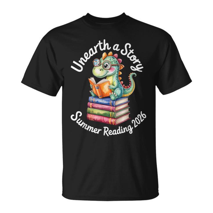 Unearth a Story Summer Reading 2026 Book Lover Dino Fun T-Shirt