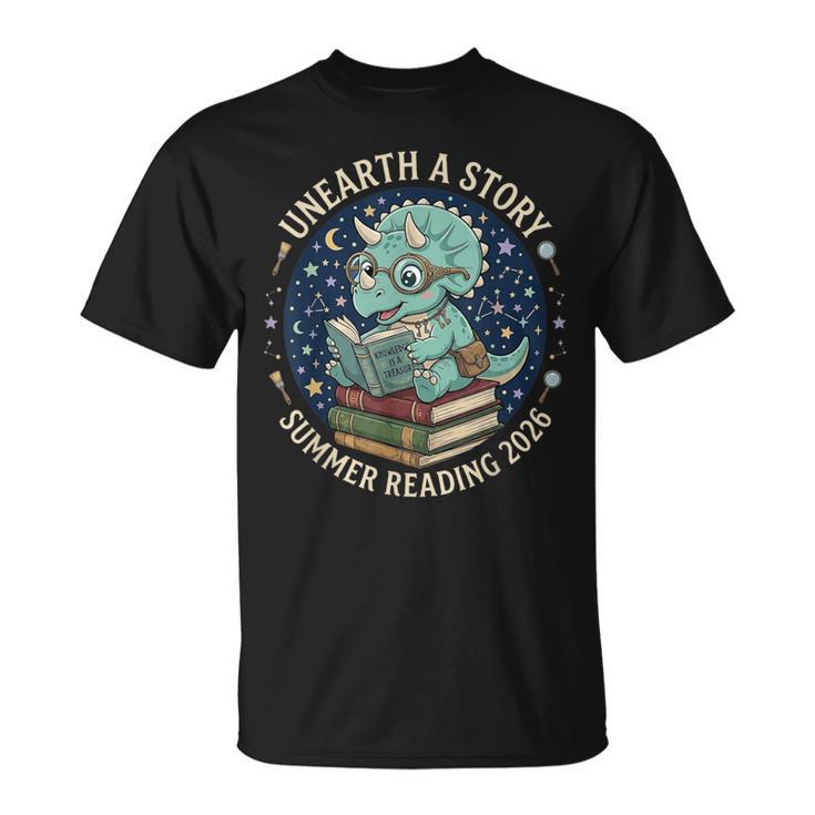 Unearth A Story Summer Reading 2026 Cute Dinosaur Reading T-Shirt