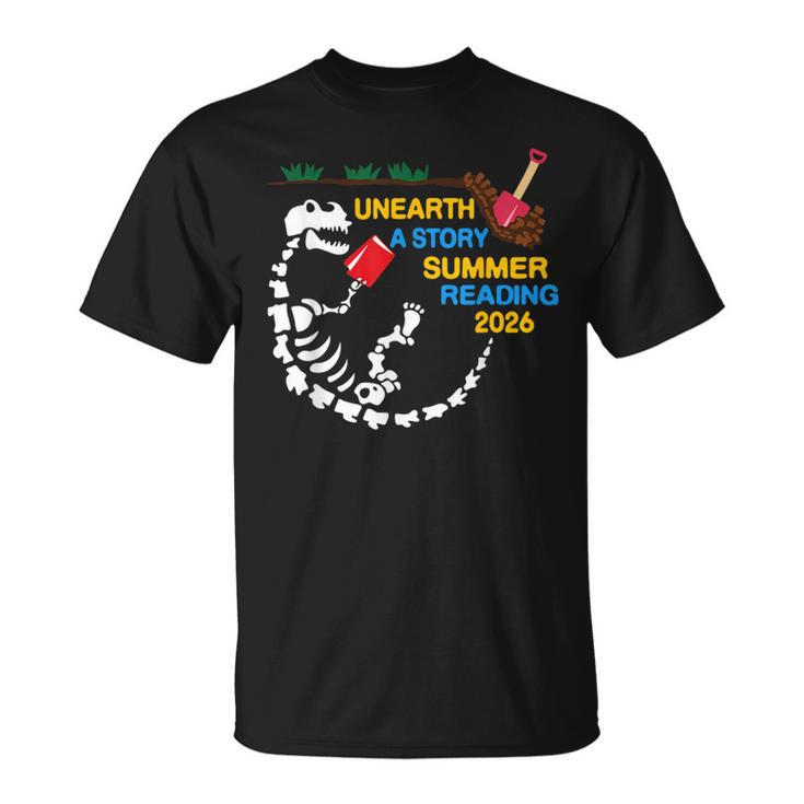 Unearth a Story T-Rex Reading a Book Summer Reading 2026 T-Shirt