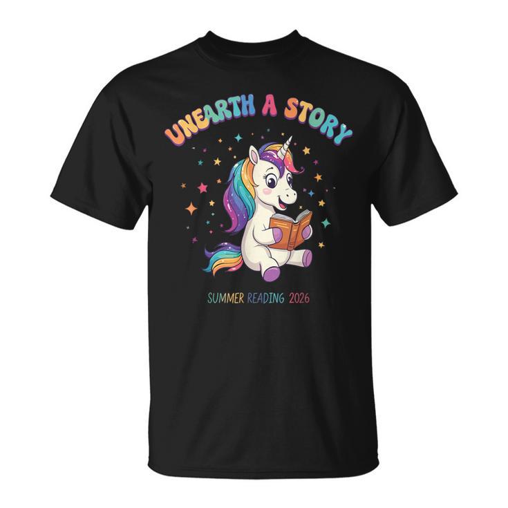 Unicorn Reading a Book Unearth a Story Program 2026 T-Shirt