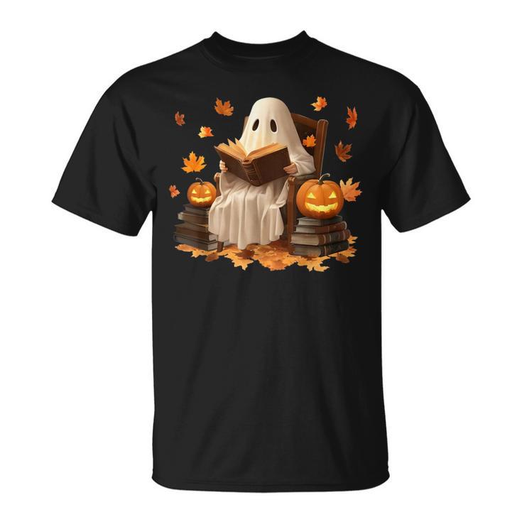 Vintage Ghost Reading Book Pumpkin Halloween Books Lover T-Shirt