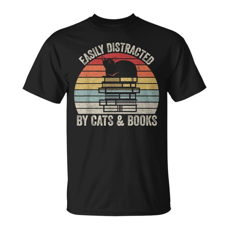Vintage Retro Easily Distracted By Cats And Books Cat T-Shirt