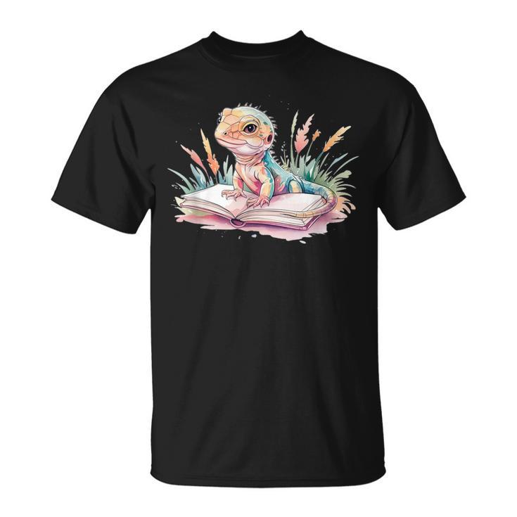 Watercolor Lizzard Reading Book Cute Kids T-Shirt