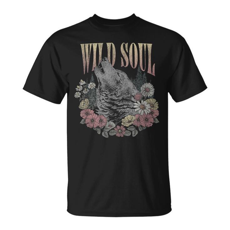 Wildoul Howling Wolf Among Flowers And Forest Tシャツ