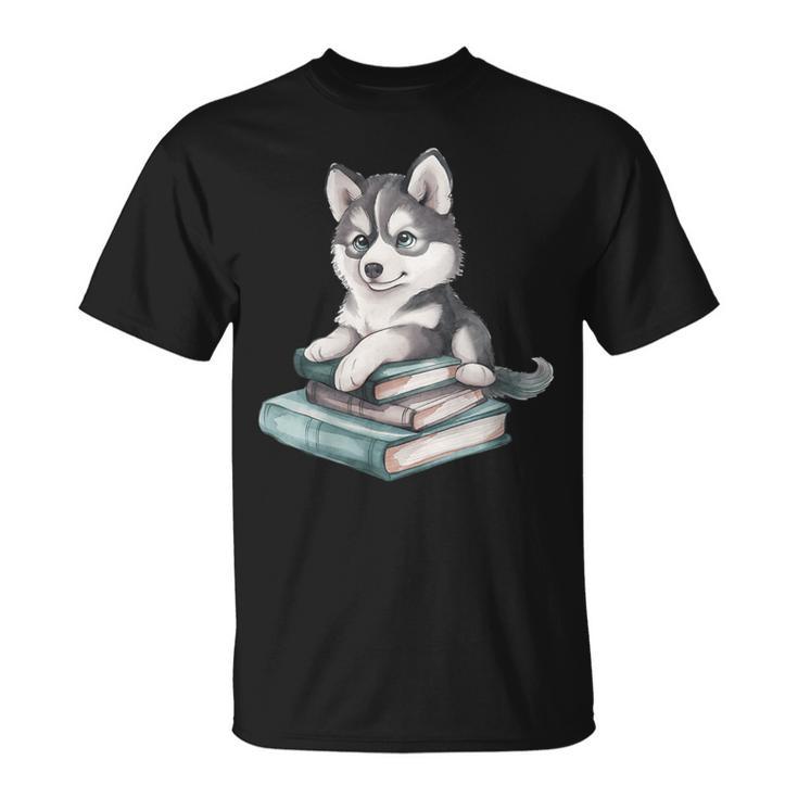 Women's Adorable Watercolor Husky Puppy Dog Reading Books T-Shirt