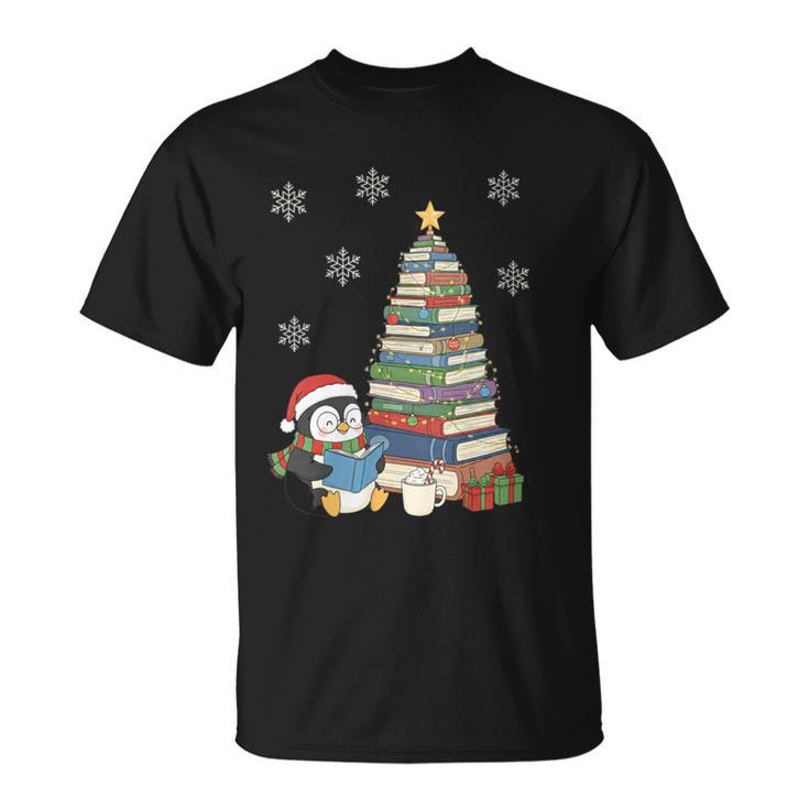 Women's Book Lovers Christmas Tree Reading Penguin Holiday Bookworm T-Shirt