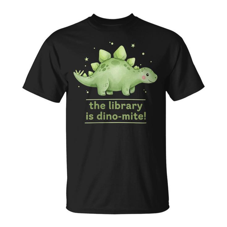 Women's The Library Is Dino-Mite Stegosaurus Reading Kids Book T-Shirt