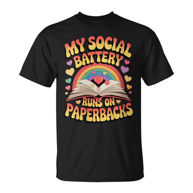 Women's My Social Battery Runs On Paperbacks Groovy Book Lover T-Shirt