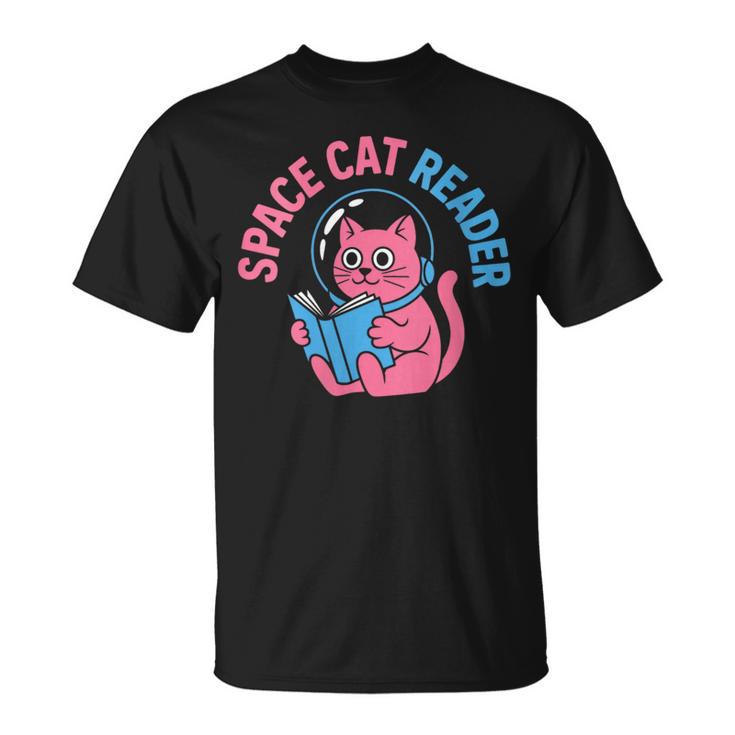 Women's Space CAT Reader Pink Helmet Blue Book Nerd Galaxy Kitty T-Shirt