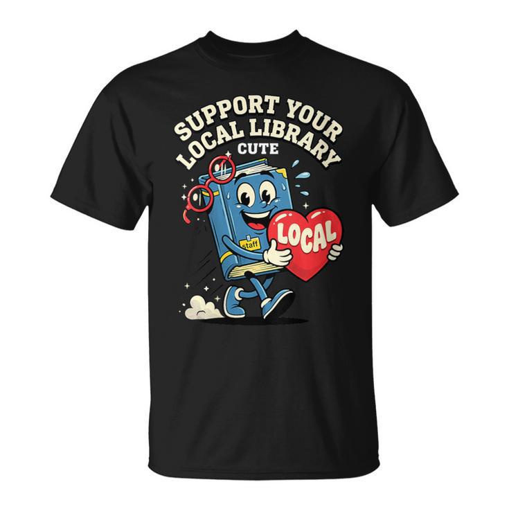 Women's Support Your Local Library Staff Retro Book Mascot T-Shirt