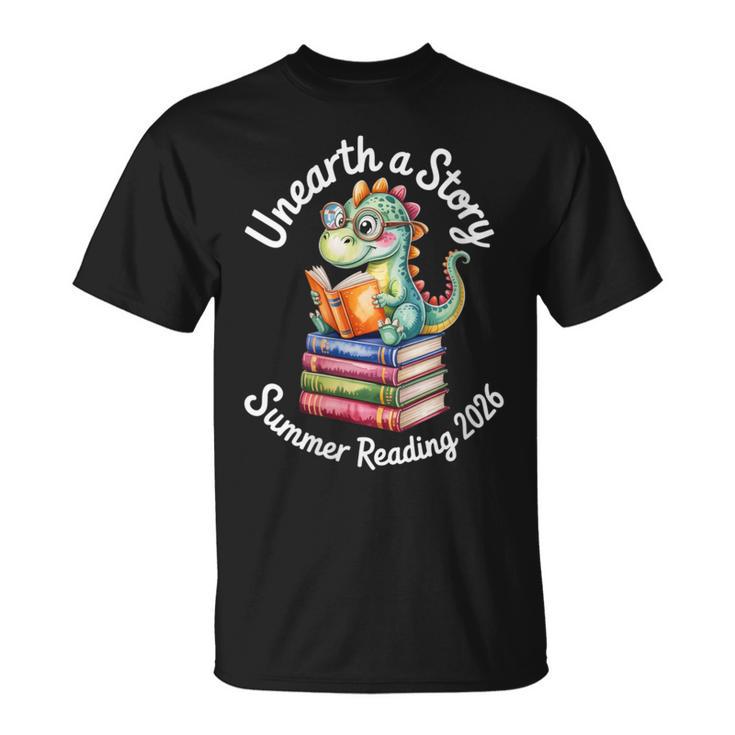 Women's Unearth a Story Summer Reading 2026 Book Lover Dino Fun T-Shirt