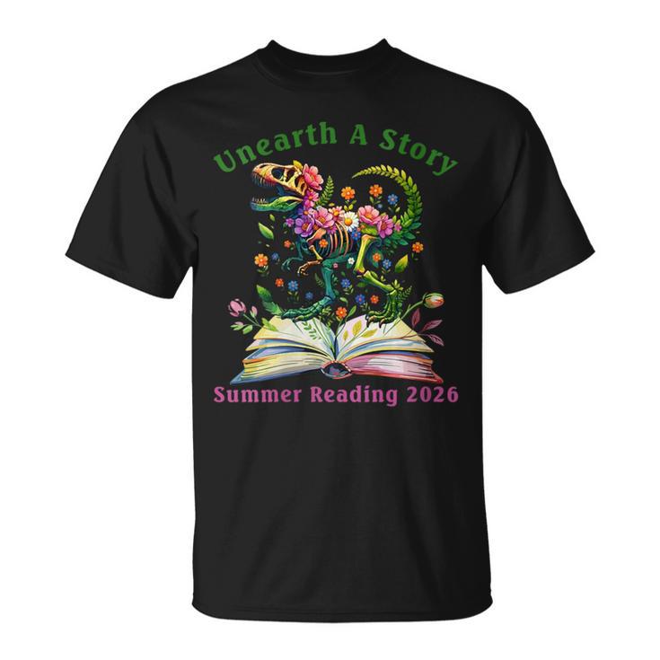 Women's Unearth A Story Summer Reading 2026 Dinosaur Book Floral T-Shirt