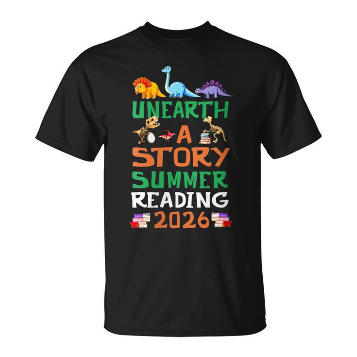 Women's Unearth A Story Summer Reading Program 2026 Dinosaur Book T-Shirt