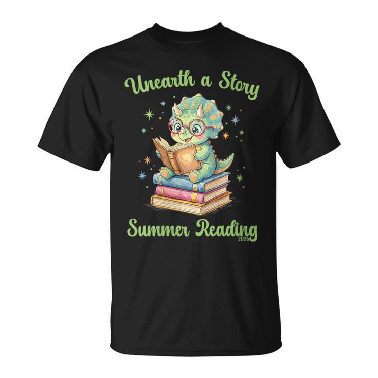 Women's Unearth a Story Triceratops Dinosaur Reading Books Cute Dino T-Shirt