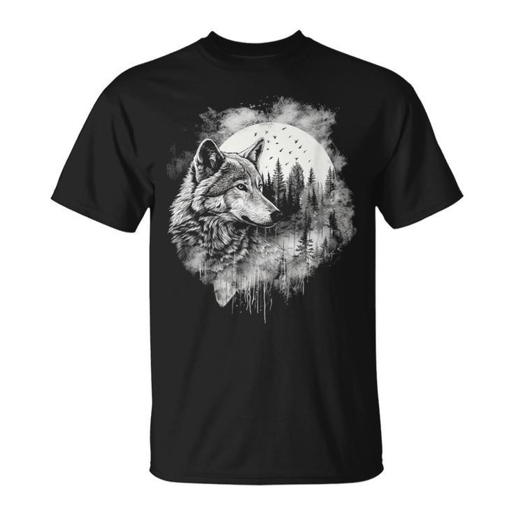 オオカミの絵 プリント 神秘的なオオカミの森 月 遠吠え Tシャツ