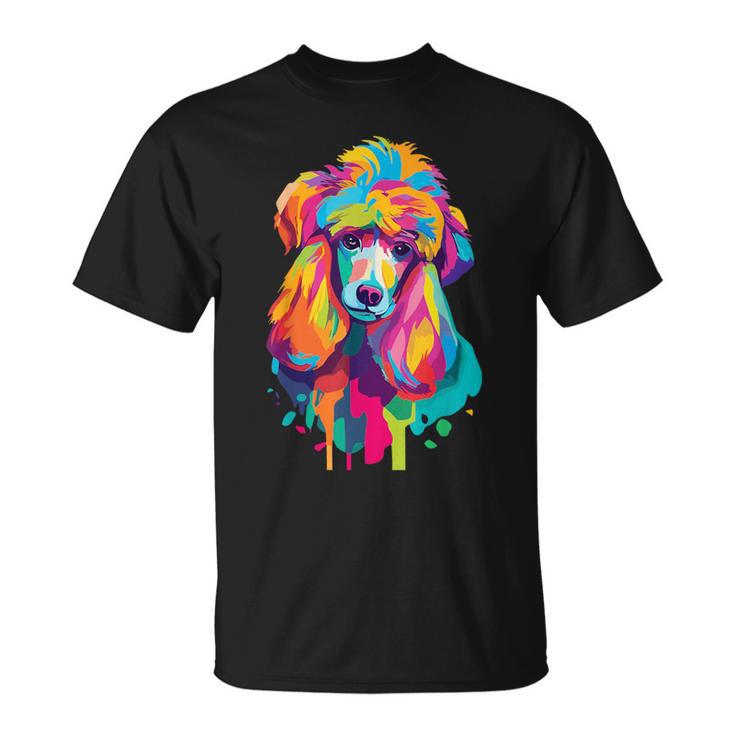 カラフルなポップアートデザイン スタンダードプードル犬 Tシャツ