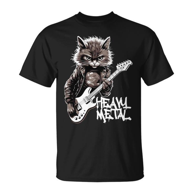ギターを弾く猫 ヘヴィメタル ロックキャット おもしろギタリスト 長袖tシャツ Tシャツ