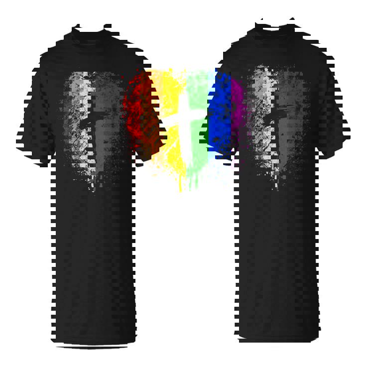 クロスのあるレインボー ハート、キリスト教の宗教的なゲイ プライド Tシャツ