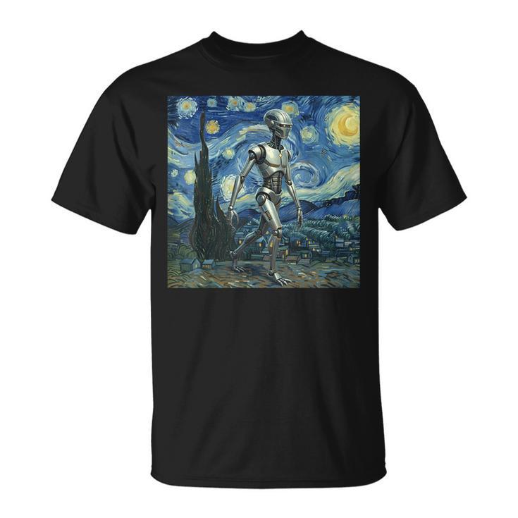 ゴッホ 星月夜 未来アート 面白い ロボット ウォーキング Tシャツ