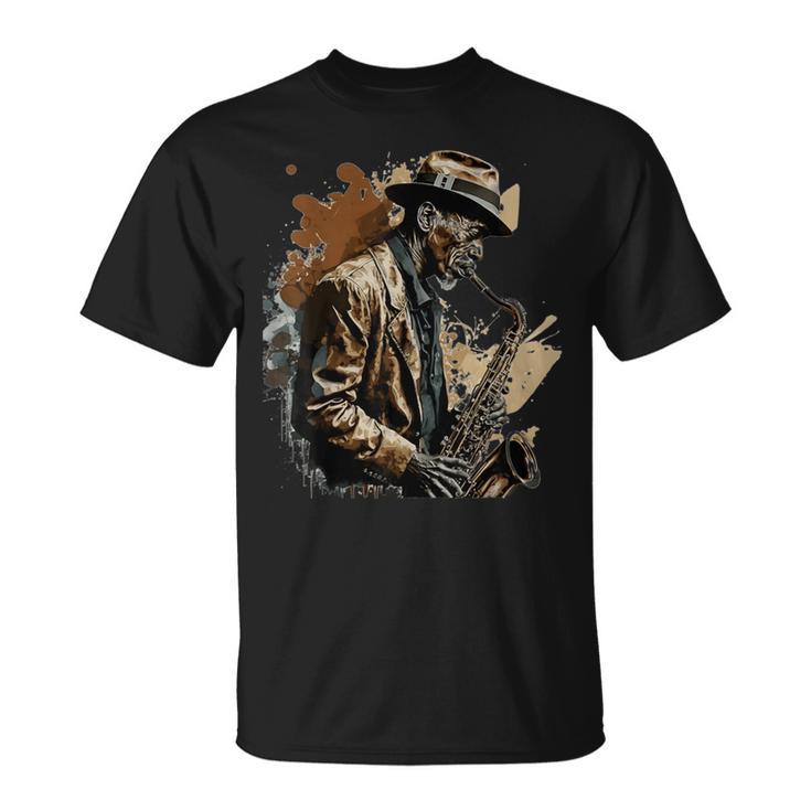 サックスを奏でるサックス奏者ジャズミュージシャン Tシャツ