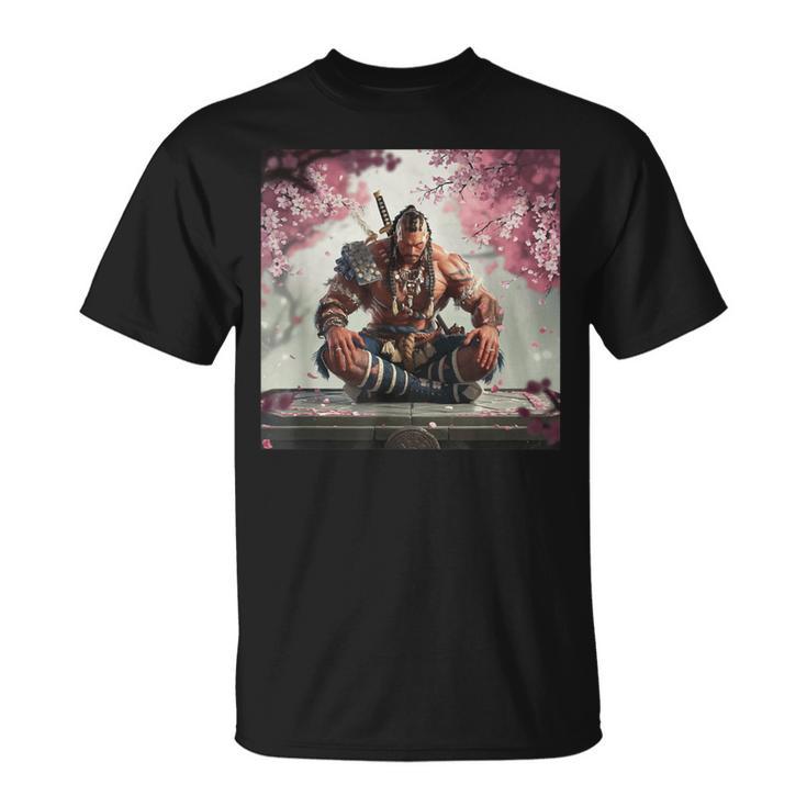 サムライ アフロ アフリカ 瞑想 桜の下 Tシャツ