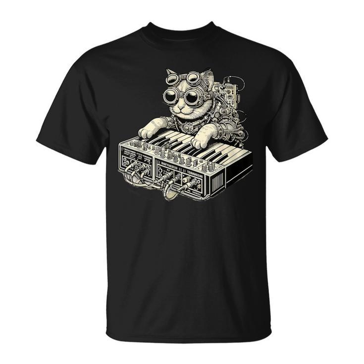 スチームパンク 猫 演奏 シンセサイザー シンセ 子猫 テクノミュージック Tシャツ