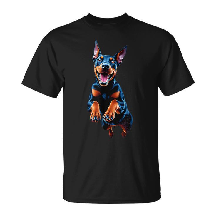 ドーベルマン 犬好きのジャンピングデザイン かわいい 面白い ドーベルマン Tシャツ
