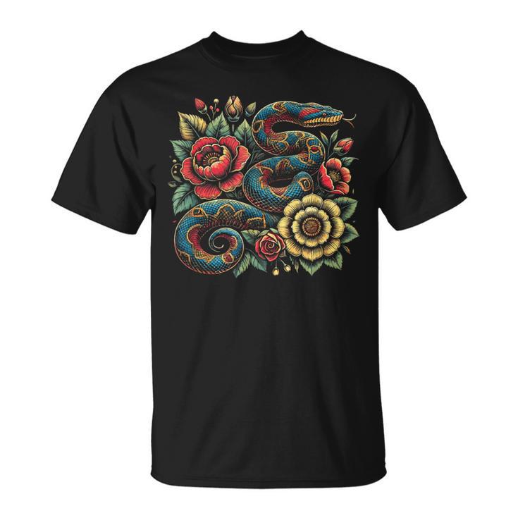 パイソン ヘビ フローラル ボール パイソン タトゥーフラワー Tシャツ