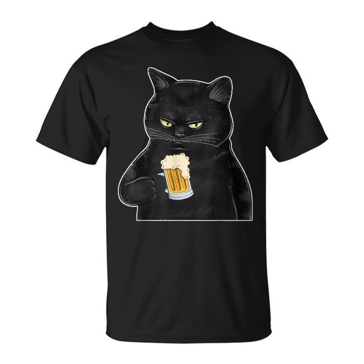 ビールを持っている黒猫 ヴィンテージ おもしろい ビール&猫好き Tシャツ