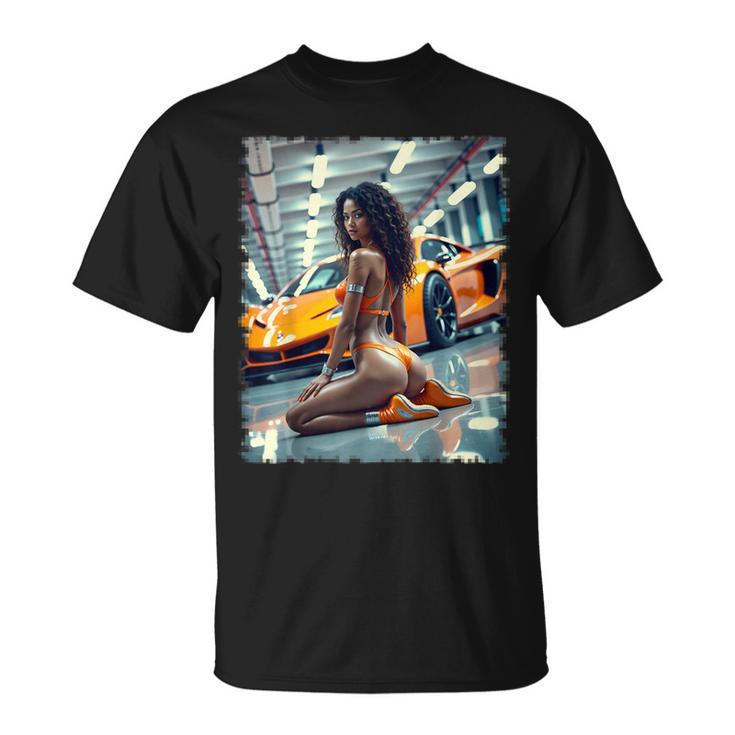 ピンナップガールtシャツ 男性用 ブラックピンナップガール&エキゾチックカー Tシャツ