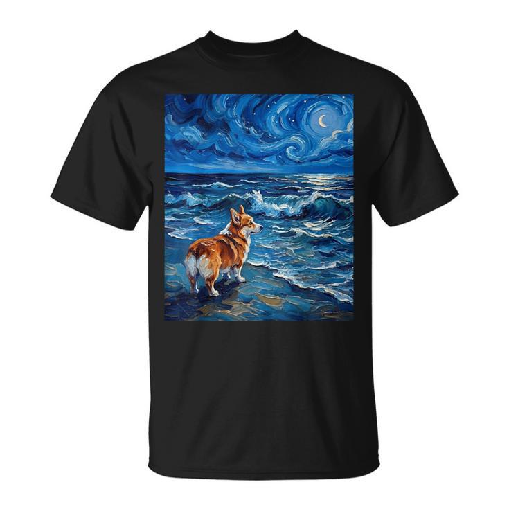 ペンブローク ウェールズ コーギー 犬 星月夜 ビーチ アートワーク Tシャツ