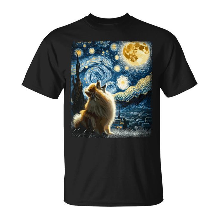 ポメラニアン 犬 イヌアート ゴッホ 星月夜 ポメラニアン 長袖tシャツ Tシャツ