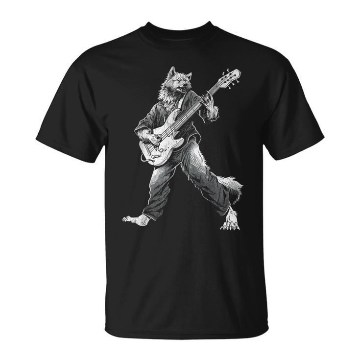ロックンロールとギターのロッキングウルフ ヴィンテージ Rock Music Tシャツ