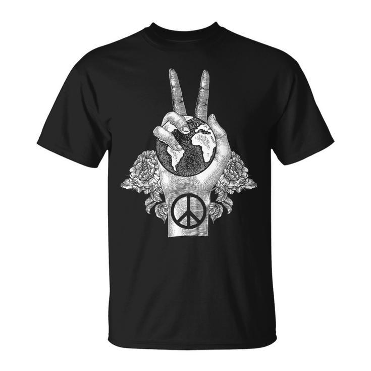 ワールドピース アースデイ セレブレーション ピースサイン ハンドジェスチャー Tシャツ