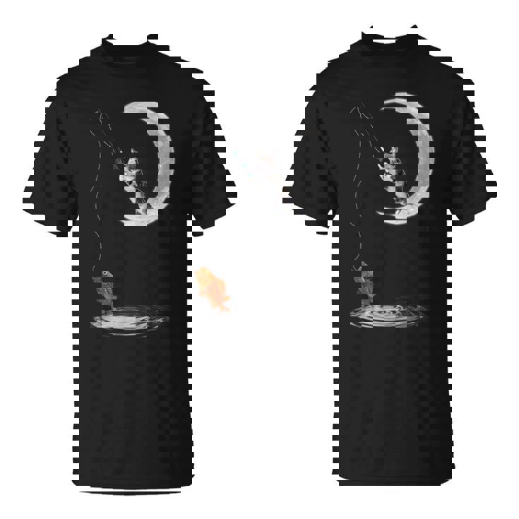 三日月で釣りをする猫 面白い猫愛好家 フィッシャー Tシャツ