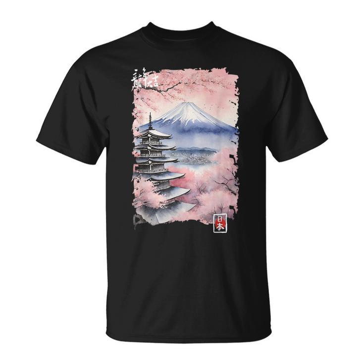富士山 日本 桜 ヴィンテージ アニメ アート ピンク Tシャツ