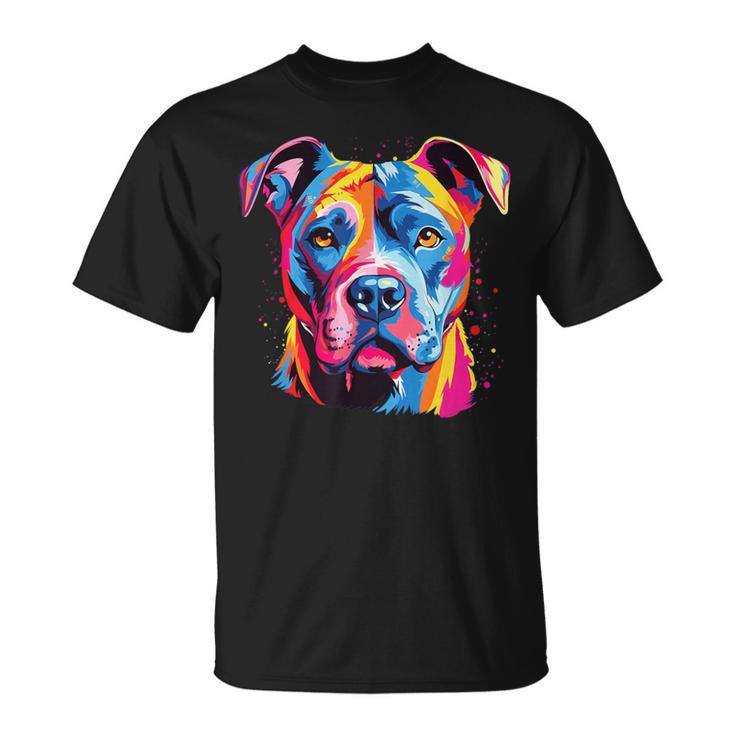 水彩のカラフルなアメリカン ピット ブル テリア犬 Tシャツ