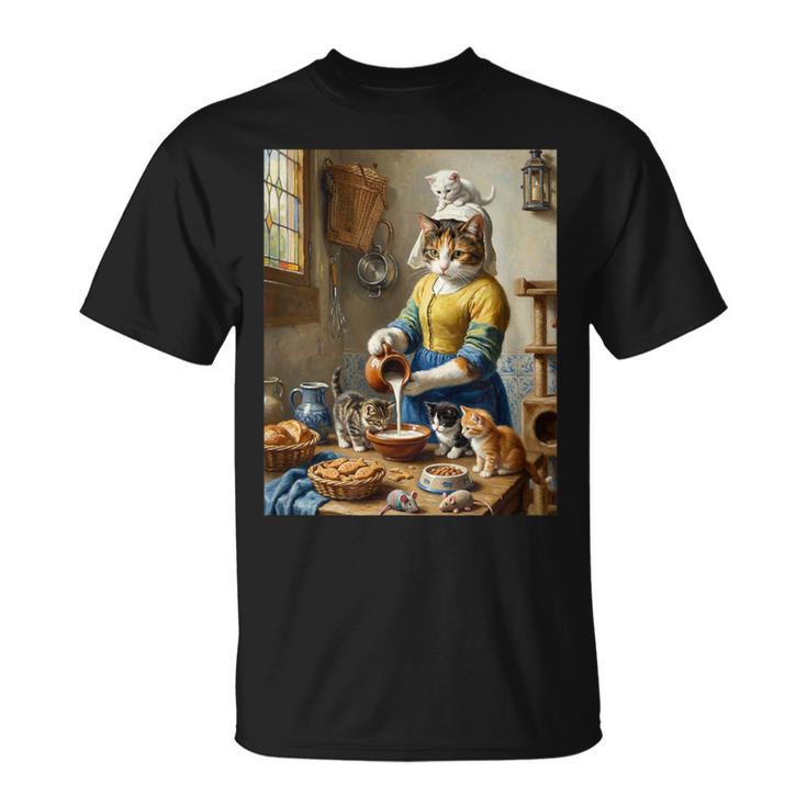 牛乳を注ぐ猫 フェルメール風 名画パロディ 油絵アート 可愛い子猫 おもしろ 猫好き Tシャツ