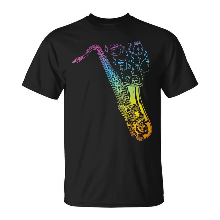 猫とサックスのサクソフォン楽器 Tシャツ