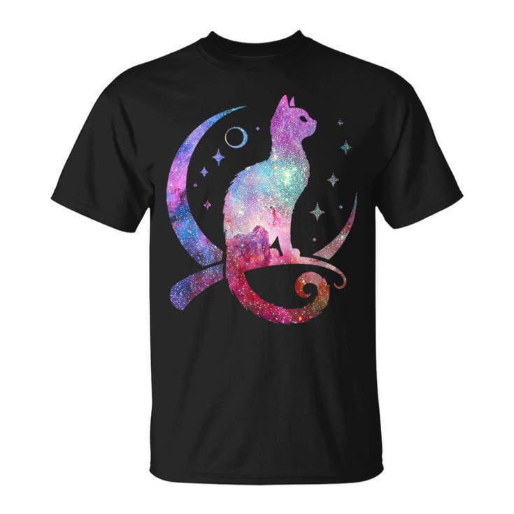 美しい宇宙星雲銀河猫のシルエット Tシャツ