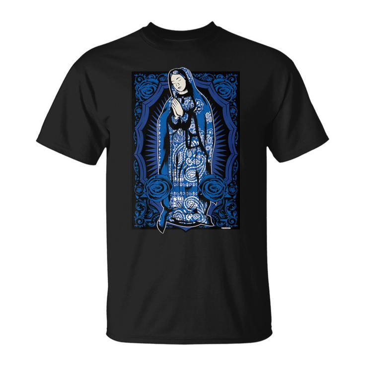 聖母マリア メキシカンブランケット アート ブルー バンダナ プリント チカーノ Tシャツ