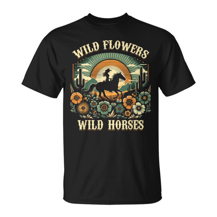 野の花と馬 ヴィンテージ 夕日 騎乗位 Tシャツ