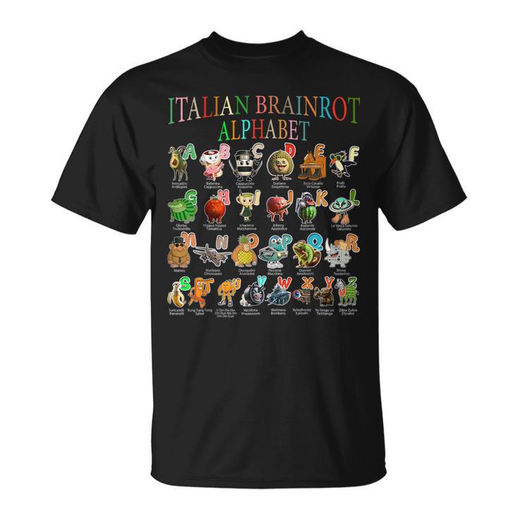 面白いイタリアンブレインロットキャラクターアルファベットミームブレインロット。 Tシャツ
