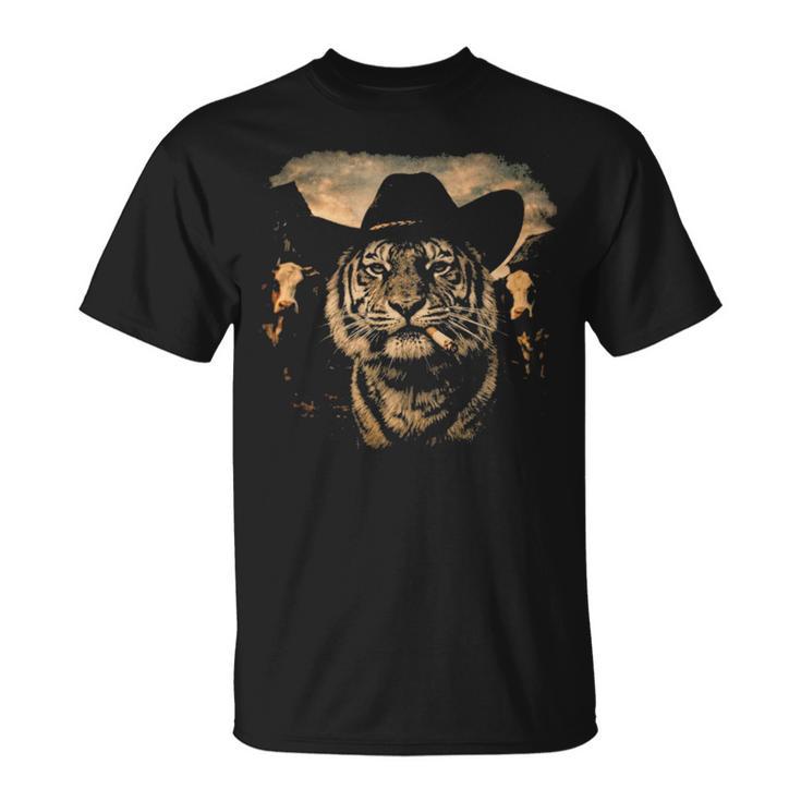 面白いカウボーイタイガー喫煙タバコタイガーミーム 長袖tシャツ Tシャツ