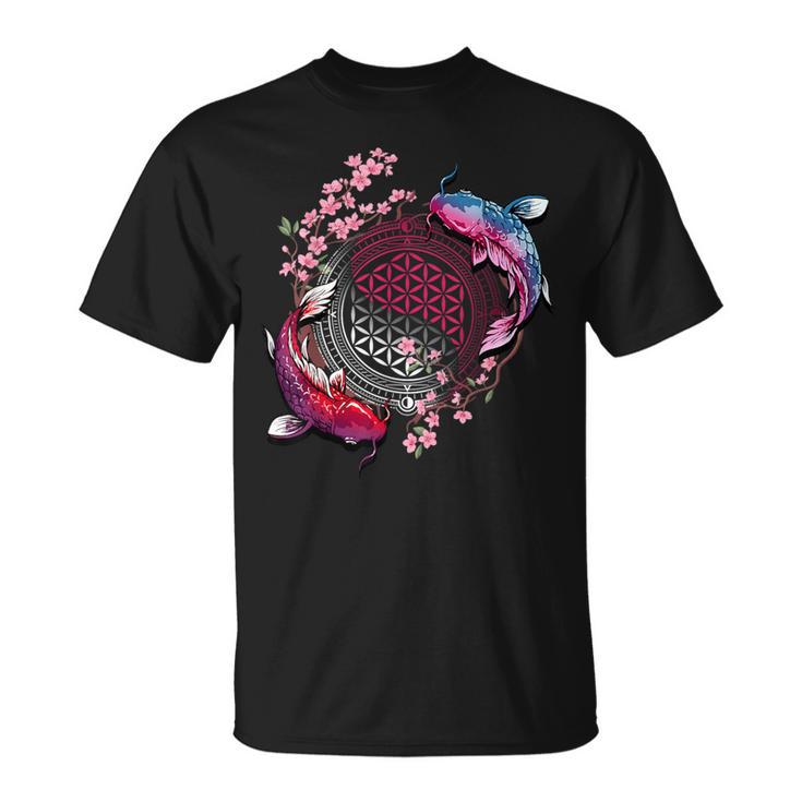 鯉魚フラワーオブライフ神聖幾何学桜アート Tシャツ