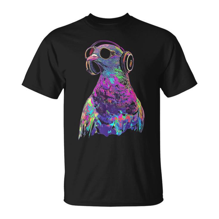 鳩 鳥モチーフ 動物 アート 音楽 ヘッドホン 鳩 Tシャツ