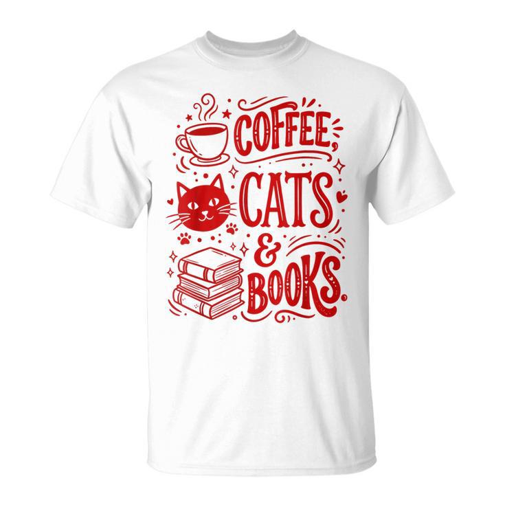 Coffee Cats And Books Lover Reading T-Shirt