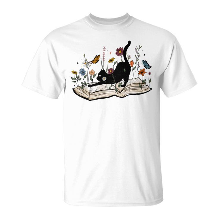 Cute Cat Flower Garden Book Kitty Reading Floral T-Shirt